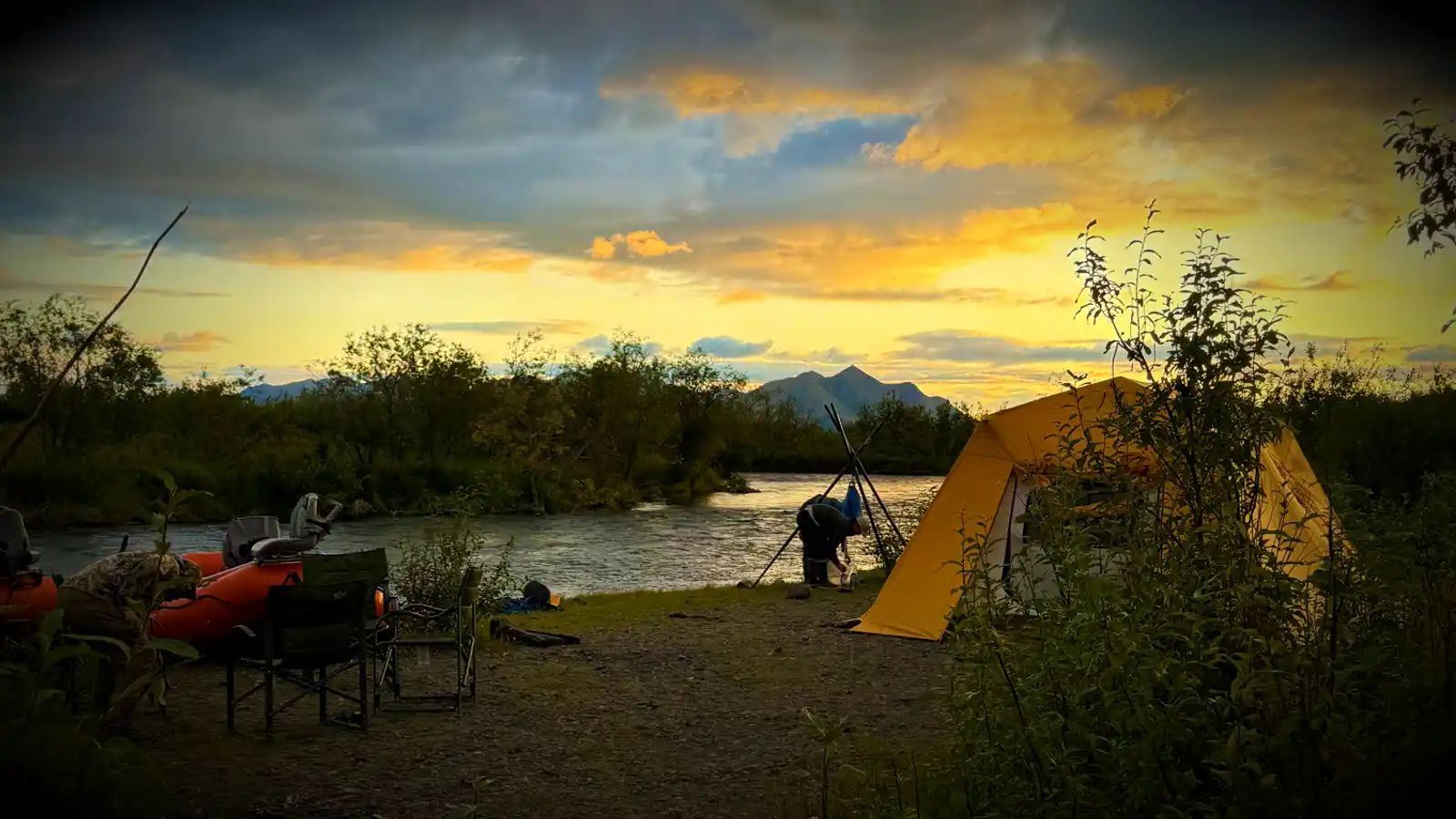 Late-evening light over an Alaska Rainbow Adventures wilderness camp in Southwest Alaska.