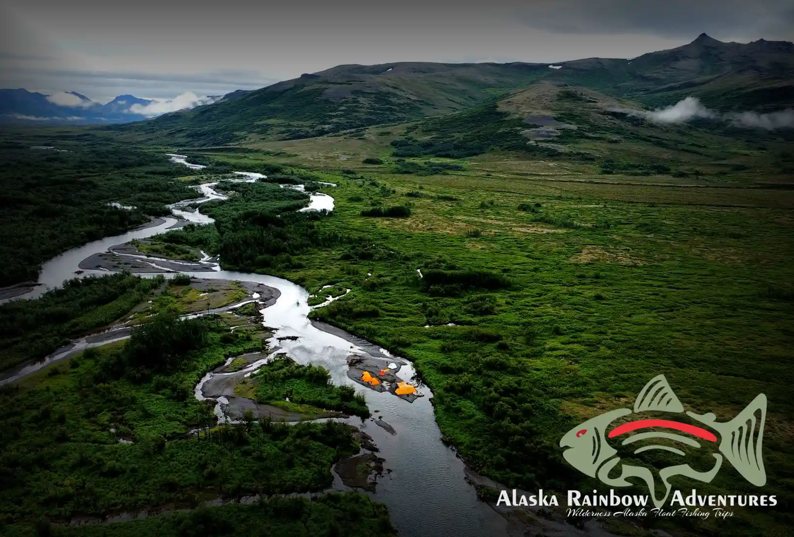Wide view looking upriver across the Kanektok River valley in Southwest Alaska.